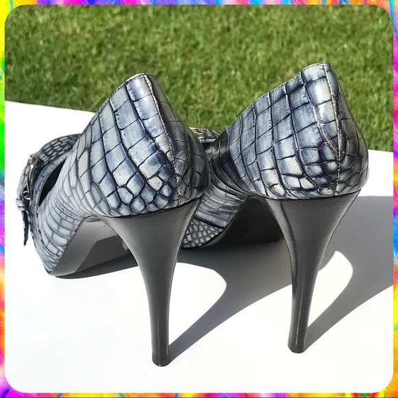 PELLE MODA Blue Gray Snakeskin Peep Toe Stiletto High Heels Pumps Size 8 M - Picture 8 of 14